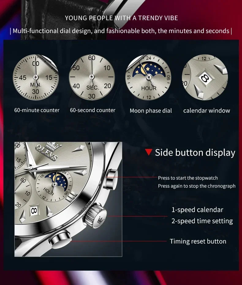 OLEVS 3609 Original Moon Phase Chronograph Watch for Men Leather Waterproof Luminous Luxury Quartz Mens Wristwatches Reloj Mujer