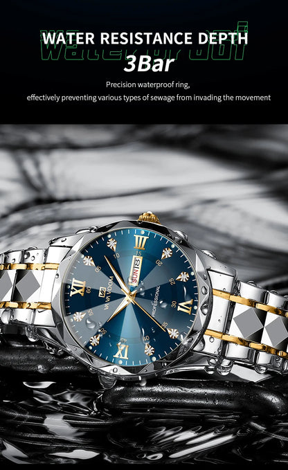 VA VA VOOM Hot Selling Original Blue Gold Creative Design Classic Hot selling Quartz Watch Men Fashion High Quality Rhombus Design Fashion Business Japanese Movement Gold Stainless Steel Fashion Clock Sports Watch for Men Gif