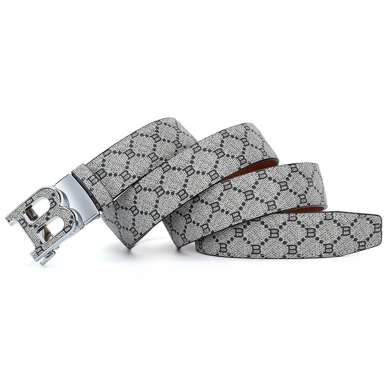 Classic B Print Leather Belt for Men - Adjustable Ratchet Buckle Dress Belt for Suits & Trousers