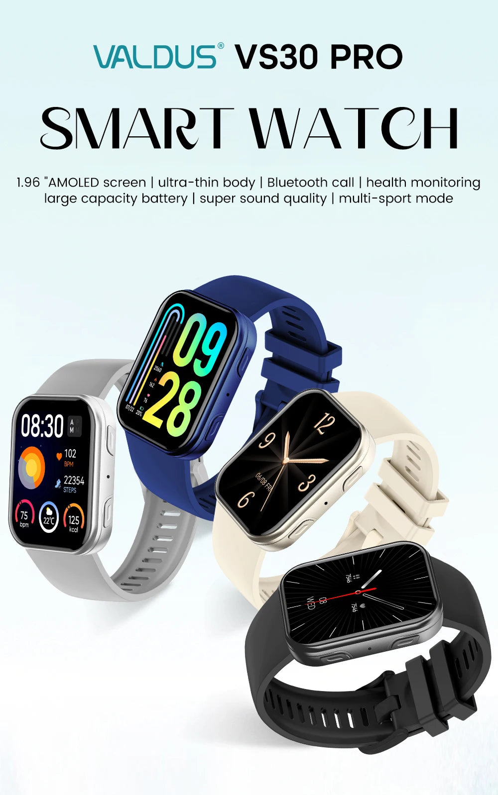 VS30 PRO Smart Watch 1.93-inch AMOLED Display Bluetooth Call Sports Modes Health Monitoring 1ATM Waterproof Custom Watch Fa