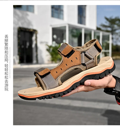 Summer Men's Genuine Leather Sandals Outdoor Roman Sandals Beach Anti slip Casual Lightweight Open Toe Boys' Sports Sandals