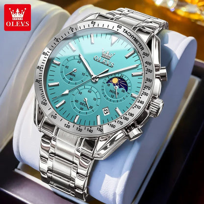 OLEVS 3618 Waterproof Luminous Date Moon Chronograph Wristwatches Mens Luxury Stainless Steel Quartz Watch for Men Reloj Hombre