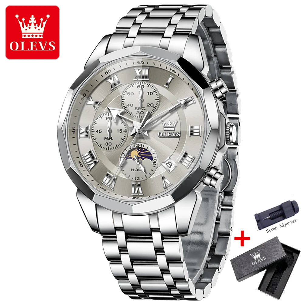 OLEVS 3675 Luxury Calendar Stainless Steel Quartz Mens Wristwatches Chronograph Waterproof Watch for Men Luminous Reloj Hombre