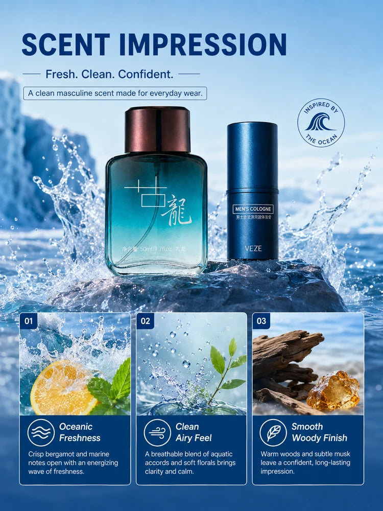 2Pcs Men Cologne Set Ocean Fresh Spray Perfume & Solid Cologne Long Lasting Portable Fragrance Gift for Him Travel Daily