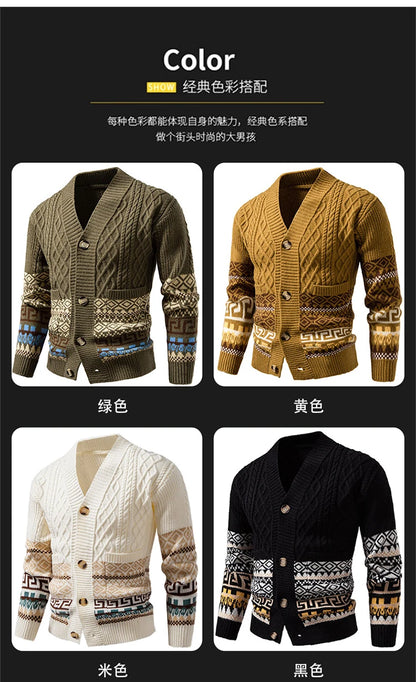 Men's Cable Knit Fair Isle Geometric Striped Cardigan V Neck Button Front Pocket Long Sleeve Sweater Autumn Winter Casual