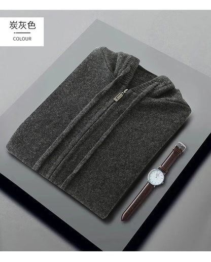 Autumn And Winter Men's 100% Pure Wool Cardigan Warm Zipper Hooded Casual Knitted Cashmere Coat
