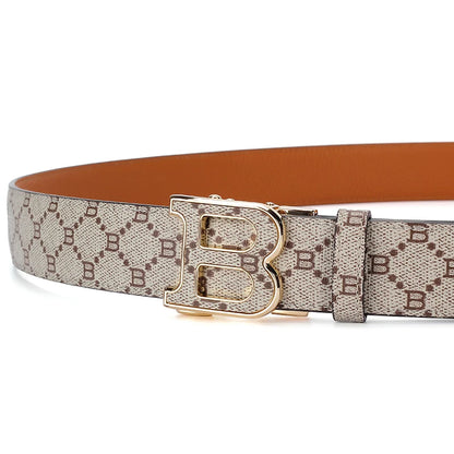 Classic B Print Leather Belt for Men - Adjustable Ratchet Buckle Dress Belt for Suits & Trousers