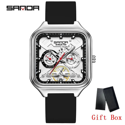 SANDA New Casual Men's Square Watches Fashion Hollow Skeleton Luminous 5ATM Waterproof Multifunction Chronograph Quartz Watch