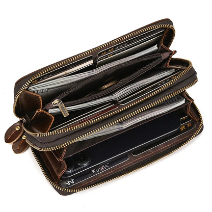 Luufan Vintage Crazy Horse Leather Men Women Long Purse Wallet Credit Card Double Zip Wallets Long Wallet Male Clutch Purse