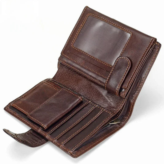 New Men Wallet Cowhide Genuine Leather Wallets Coin Purse Clutch Hasp Open Top Quality Retro Short Wallet Multi Cards Slots