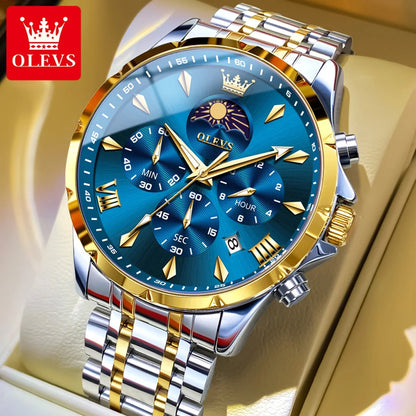OLEVS 3653 Original Mens Quartz Watch NEW Four Functional Small Dials Chronograph 24-hour Moon Phase Stainless Steel Waterproof Man Wristwatch