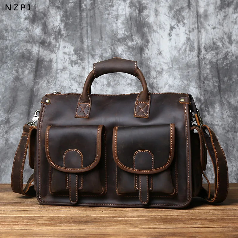 NZPJ Vintage Genuine Leather Men's Briefcase Crazy Horse  Handbag Natural Cowhide Travel Bag Casual Shoulder Crossbody Bag