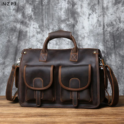 NZPJ Vintage Genuine Leather Men's Briefcase Crazy Horse  Handbag Natural Cowhide Travel Bag Casual Shoulder Crossbody Bag