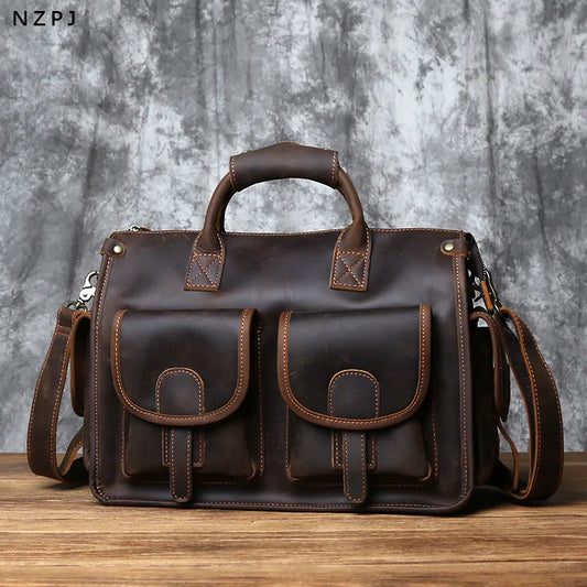 NZPJ Vintage Genuine Leather Men's Briefcase Crazy Horse  Handbag Natural Cowhide Travel Bag Casual Shoulder Crossbody Bag