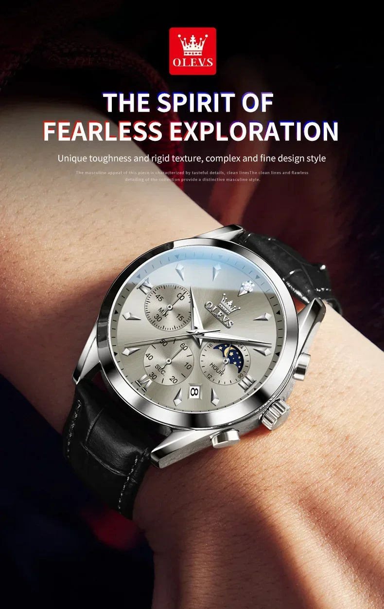 OLEVS 3609 Original Moon Phase Chronograph Watch for Men Leather Waterproof Luminous Luxury Quartz Mens Wristwatches Reloj Mujer