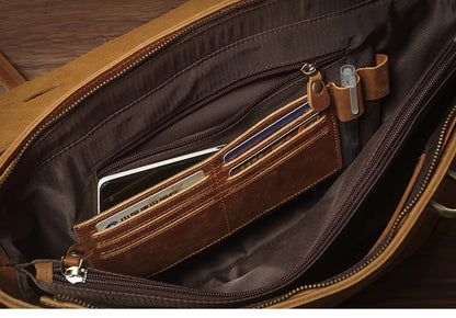 NUKA Men's Leather Handbag Vintage Business Briefcase Crazy Horse Cowhide Messenger Bag Deluxe Shoulder Bag For 15.6 Inch Laptop