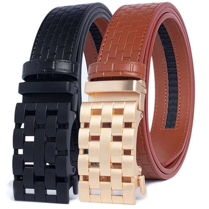2023 Men Belt Metal Luxury Brand Automatic Buckle Plaid Genuine Leather Belts for Men Waist Strap Black Male