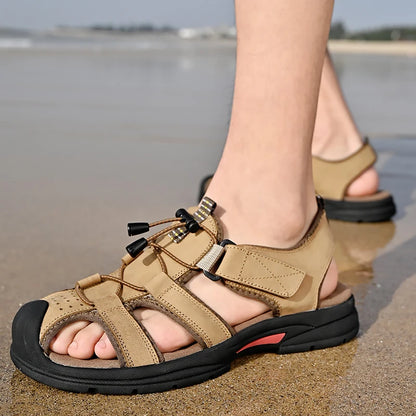 Genuine Leather Mens Water Beach Sandals Summer Closed Toe Sandals Non-slip Hiking Wading Sneakers Quick Dry Wading Aqua Shoes