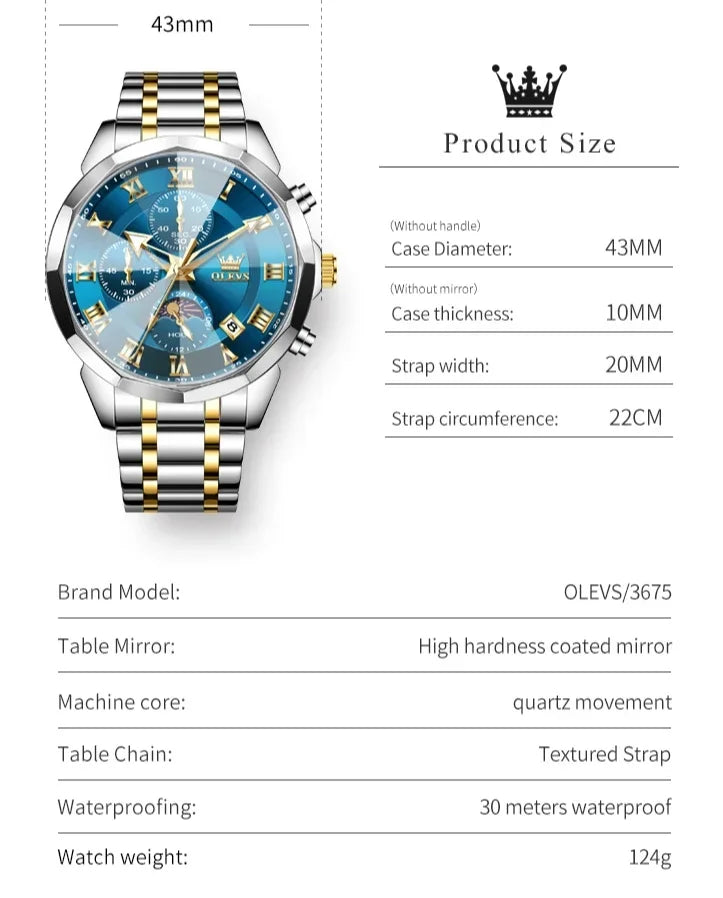 OLEVS 3675 Luxury Calendar Stainless Steel Quartz Mens Wristwatches Chronograph Waterproof Watch for Men Luminous Reloj Hombre