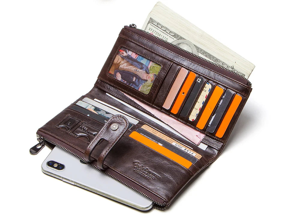 CONTACT'S Men Clutch Wallet Genuine Leather Long Wallet Hasp Card Holder Vintage Male Zipper Coin Purse Money Clip Women Purse