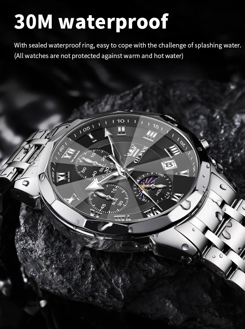 OLEVS 3675 Luxury Calendar Stainless Steel Quartz Mens Wristwatches Chronograph Waterproof Watch for Men Luminous Reloj Hombre