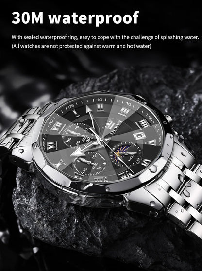 OLEVS 3675 Luxury Calendar Stainless Steel Quartz Mens Wristwatches Chronograph Waterproof Watch for Men Luminous Reloj Hombre