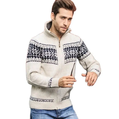 Men's Fair Isle Knitted Cardigan Full-Zip Nordic Pattern Thick Knitwear Multi-Color High-Neck Sweater Jacket for Winter