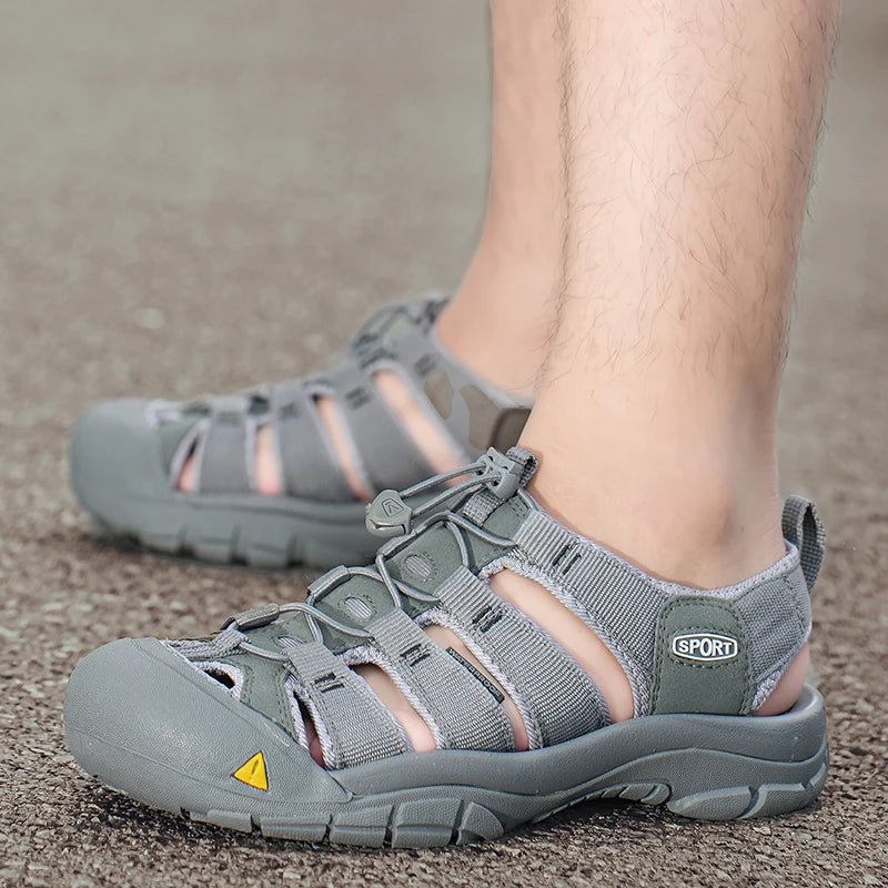 Outdoor Summer Men Sandals Leather Mens Casual Shoes Non-Slip Male Beach Shoes Anti-collision Toe Roman Flats Flip-flops 38-48