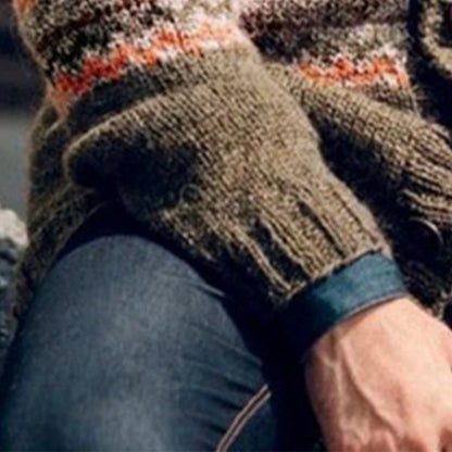 New American Jacquarded Men Cardigan Jacket Light Luxury Military Green Knitted Long Sleeve Sweater Coat Splicing Print Knitwear