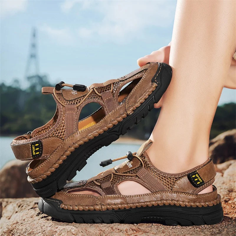 Men's Handmade Simple Letter-Print Sandals, Summer Beach Hollow Sandals, Fashionable Velcro Men's Shoes, Outdoor Hiking and River-Tracing Shoes, Comfortable, Breathable, Wear-Resistant, Non-Slip, Large Size Men's Shoes