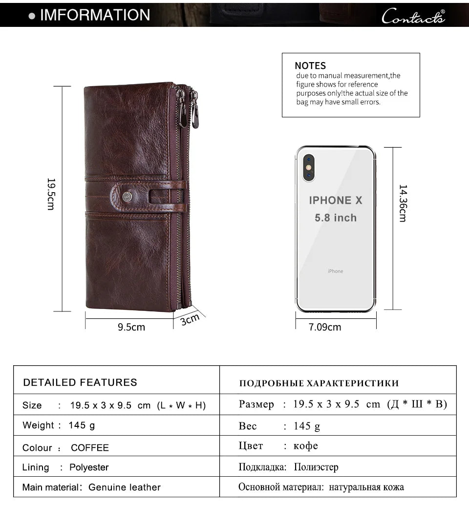 CONTACT'S Men Clutch Wallet Genuine Leather Long Wallet Hasp Card Holder Vintage Male Zipper Coin Purse Money Clip Women Purse
