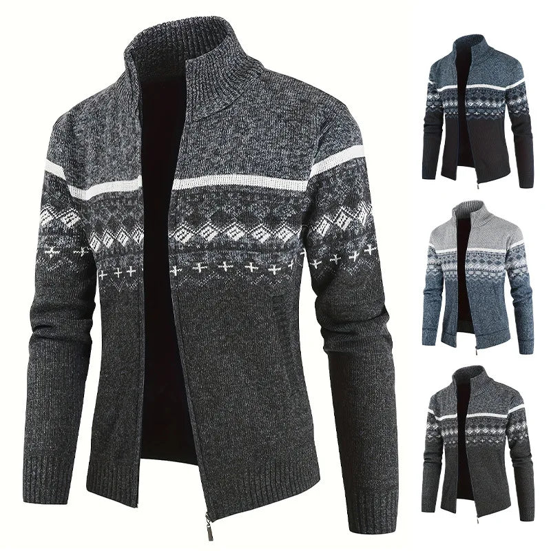 Men's Zip Up Fair Isle Cardigan Sweater Warm Knit Jacquard Stand Collar Casual Winter Pullover with Thermal Lining