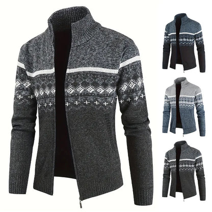 Men's Zip Up Fair Isle Cardigan Sweater Warm Knit Jacquard Stand Collar Casual Winter Pullover with Thermal Lining