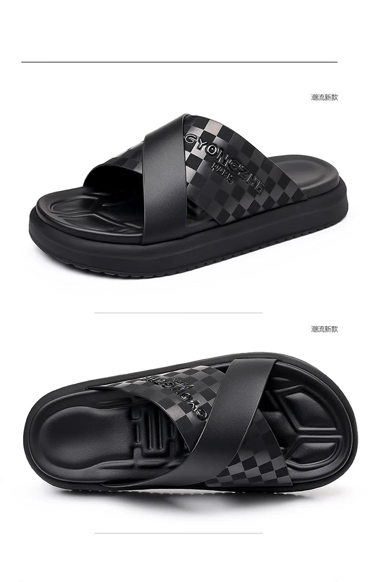 Summer New Fashion Outside Wear Slippers for Men Business Casual Black Leisure Genuine Leather Beach Shoes Slippers Man