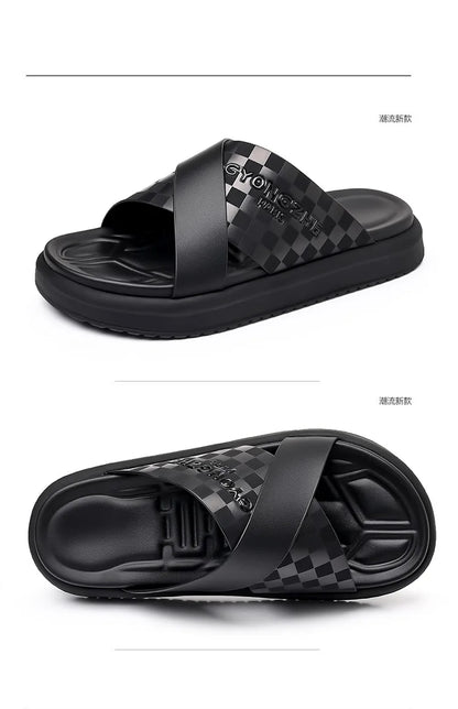Summer New Fashion Outside Wear Slippers for Men Business Casual Black Leisure Genuine Leather Beach Shoes Slippers Man