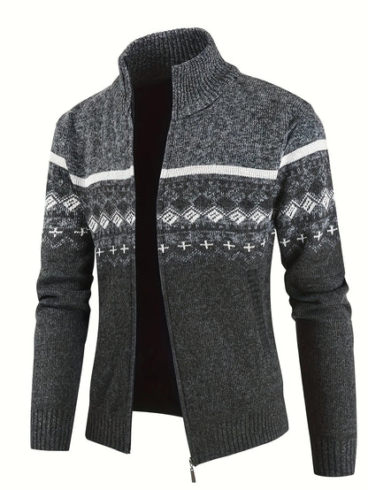 Men's Zip Up Fair Isle Cardigan Sweater Warm Knit Jacquard Stand Collar Casual Winter Pullover with Thermal Lining
