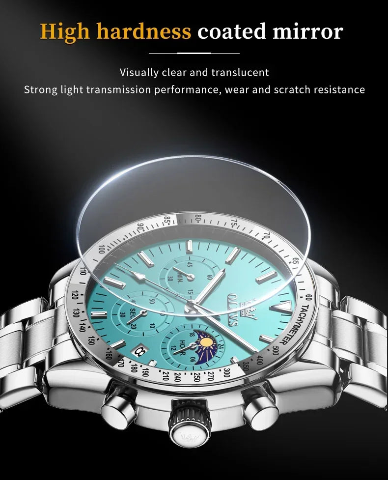 OLEVS 3618 Waterproof Luminous Date Moon Chronograph Wristwatches Mens Luxury Stainless Steel Quartz Watch for Men Reloj Hombre