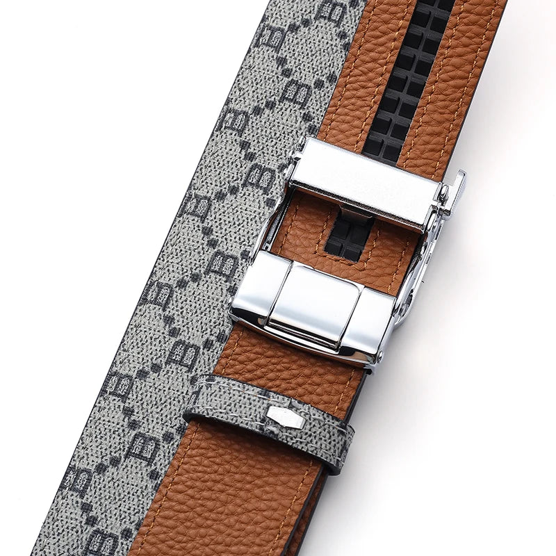 Classic B Print Leather Belt for Men - Adjustable Ratchet Buckle Dress Belt for Suits & Trousers