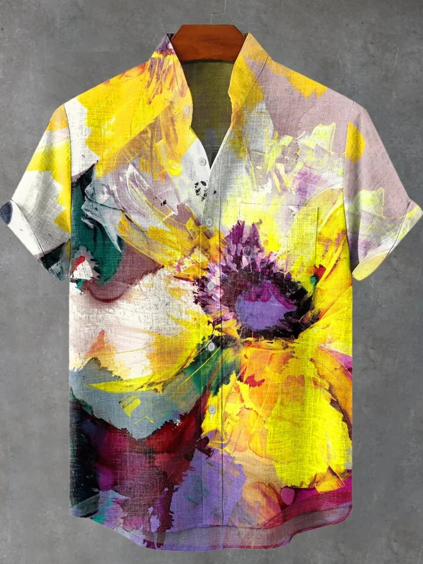 Men's Short Sleeve Shirt Hawaiian Plant Print Flap-Collar Beachfront Button Shirt Casual Top Fashion Shirt