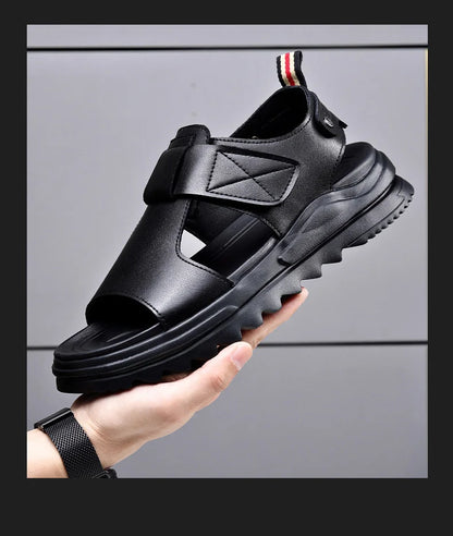 Cow Leather Men's Sandals 2026 Summer New Designer Soft Sole Fashion Casual Beach Shoes Male Black Platform Sandals Man