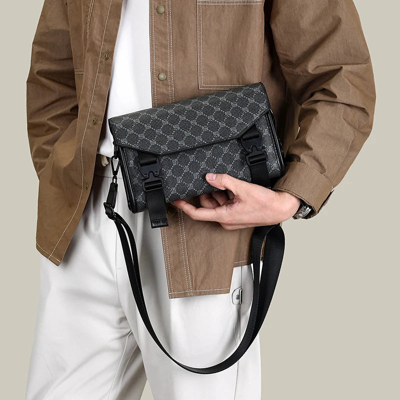 Men's Classic Printed Crossbody Bag – Gray Geometric Pattern Sling Bag with Buckle Closure Ideal for Daily Commute & Casual Wear