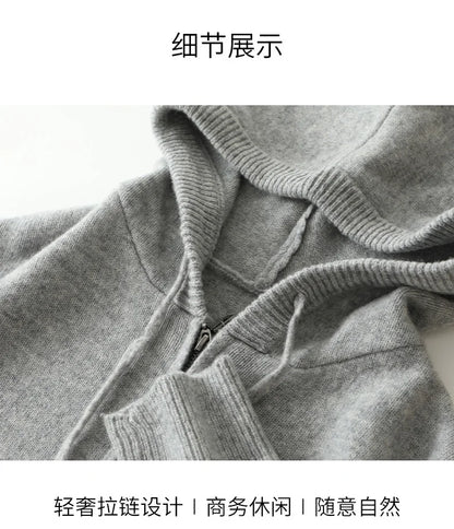 Autumn And Winter Men's 100% Pure Wool Cardigan Warm Zipper Hooded Casual Knitted Cashmere Coat