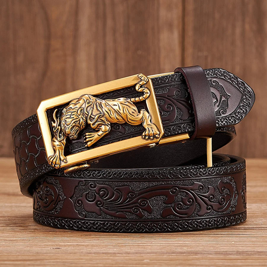 3.5cm Fashion Embossing Retro Male Belts for Men Business Split Leather Belt Dragon Pattern Automatic Buckle Strap