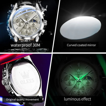 OLEVS 3609 Original Moon Phase Chronograph Watch for Men Leather Waterproof Luminous Luxury Quartz Mens Wristwatches Reloj Mujer