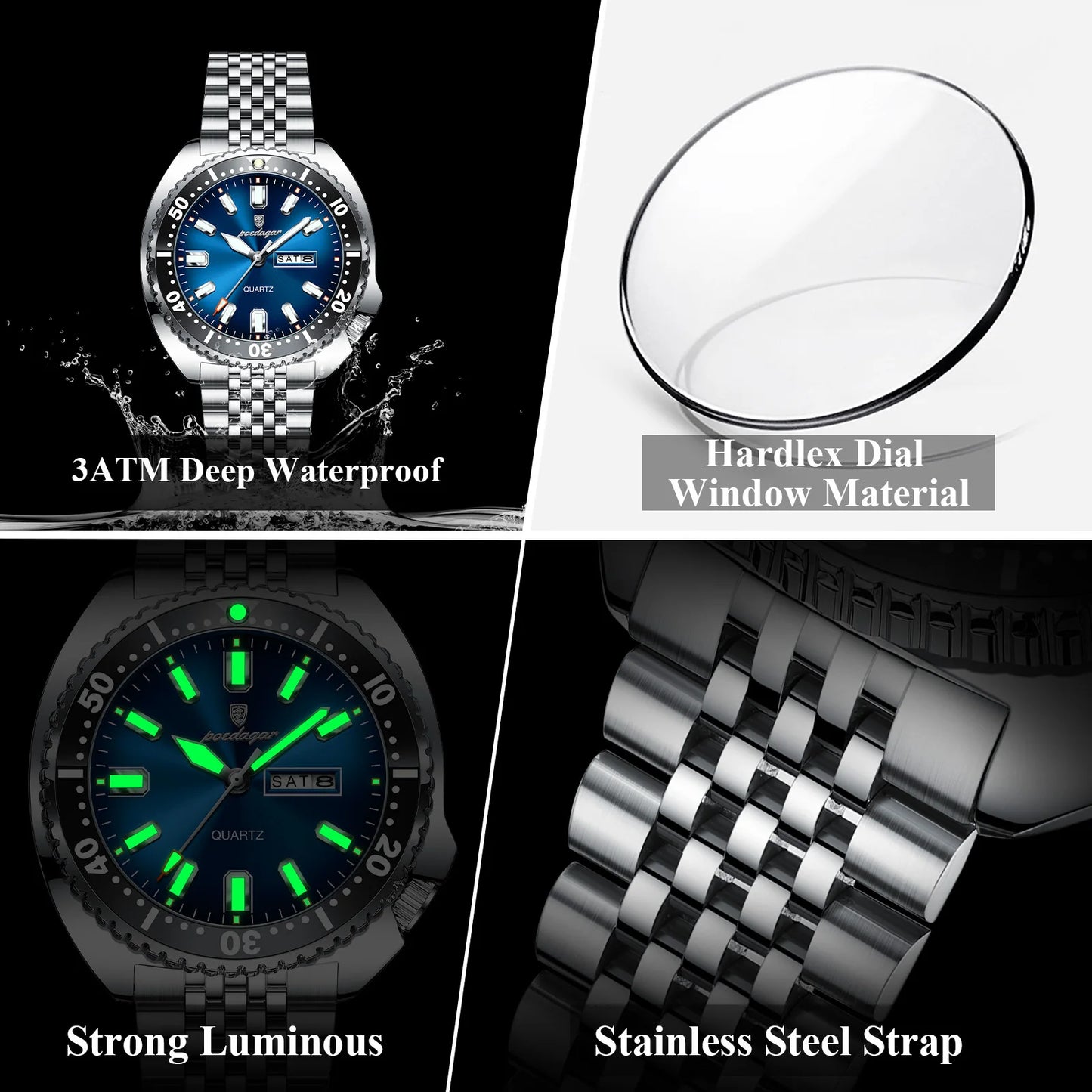 POEDAGAR Luxury Quartz Men Clock Waterproof Luminous Business Man Wristwatch Stainless Steel Date Week Sport Men's Watches Reloj