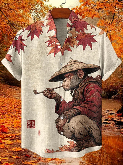 New retro and stylish linen short sleeved shirt, men's samurai armor, plum blossom printed casual top