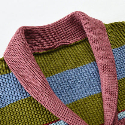 Trendy Mens Knitted Cardigans 2025 Spring Casual Button-up Lapel Sweatercoats Men Vintage Rainbow Striped Sweater Jacket Coats