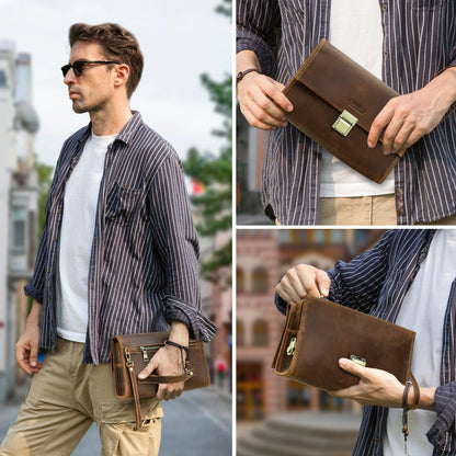 CONTACT'S Genuine Leather Clutch Bags Men Password Retro Wrist Strap Handbag iPad Travel Business Fitness Clutch Wallet