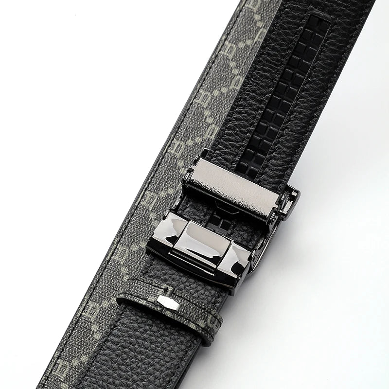 Classic B Print Leather Belt for Men - Adjustable Ratchet Buckle Dress Belt for Suits & Trousers