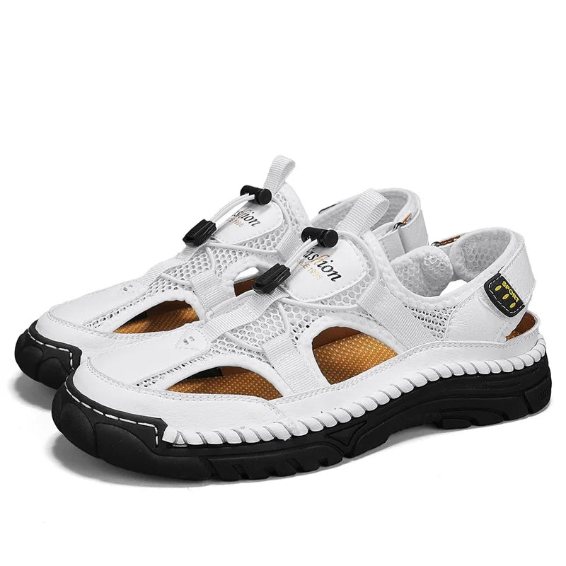 Men's Handmade Simple Letter-Print Sandals, Summer Beach Hollow Sandals, Fashionable Velcro Men's Shoes, Outdoor Hiking and River-Tracing Shoes, Comfortable, Breathable, Wear-Resistant, Non-Slip, Large Size Men's Shoes